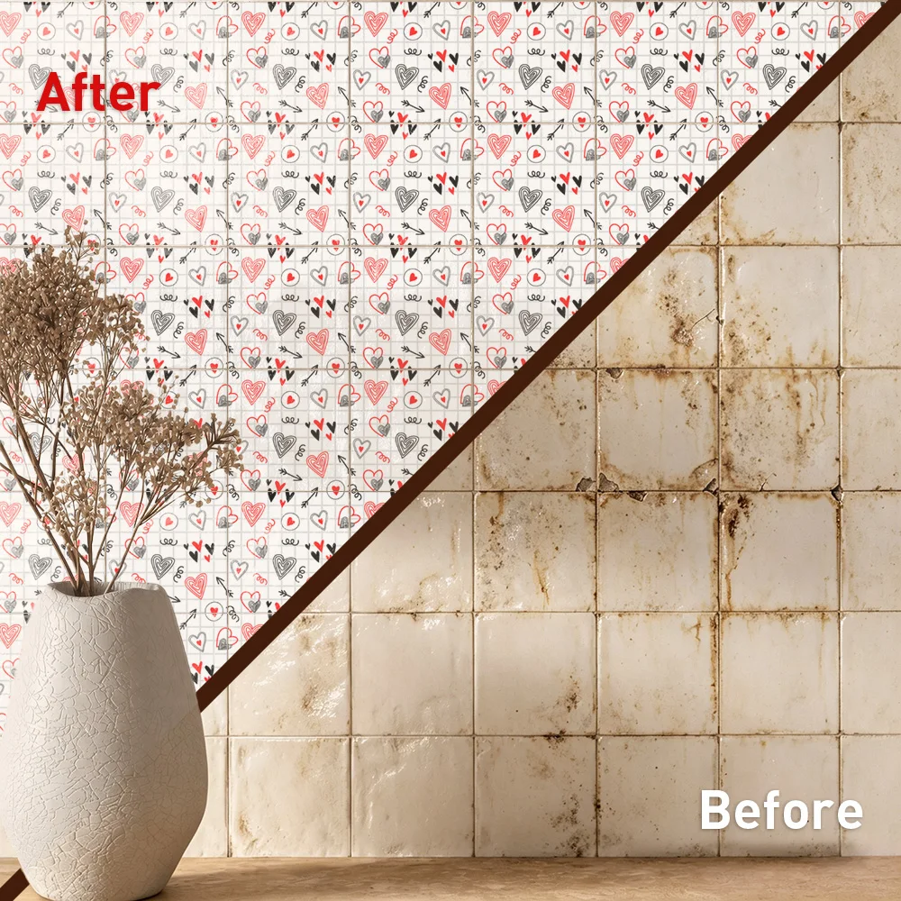 Magic Hearts Tile Stickers Waterproof Peel and Stick Self Adhesive Oil Proof Backsplash Decals Floral Wallpaper for Romance Cafe