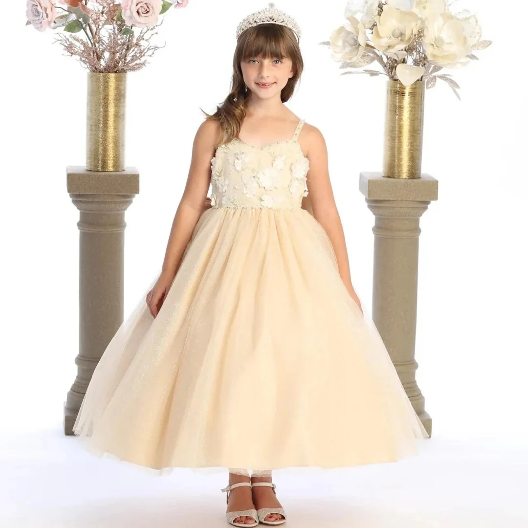 Vestido personalizado de flores color champán para niña, flores, boda, cumpleaños, con lazo, apliques sin mangas para fiesta, banquete, vestido de princesa