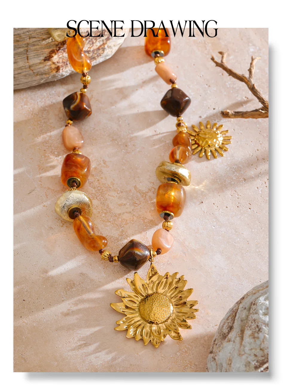 Yhpup 76 + 6 cm Acryl Kunststoff Perlen Kette Sonnenblumen Anhänger Lange Halskette Edelstahl Handgemachte Charme Schmuck Großhandel 2025 – Detail 4