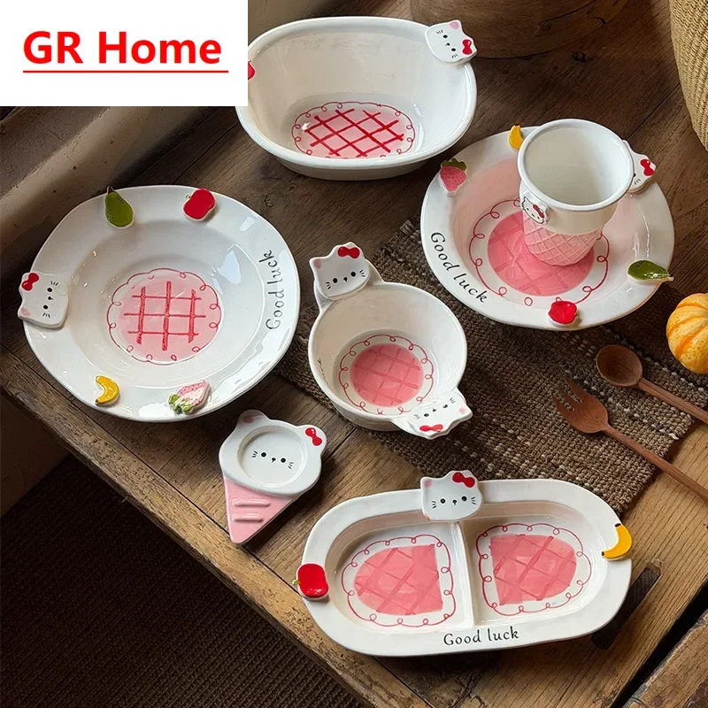 Cartoon Cat Kids Ceramic Tableware Set, Underglaze Color Rice Bowl Divided Plates for Girls