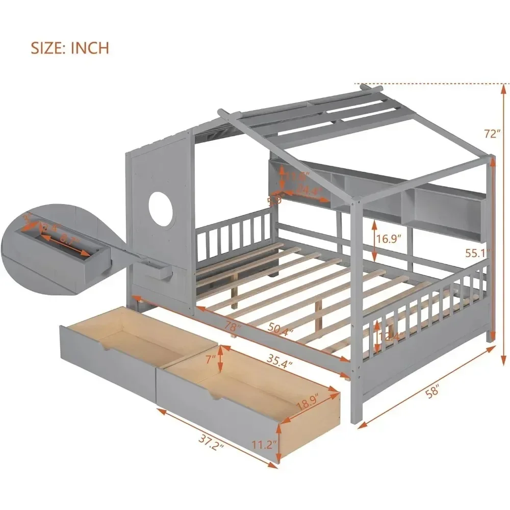 Full Size House Bed ,with Storage Drawers and Shelves, Wood Montessori House Bed Frame, Kids Playhouse Tent Bed