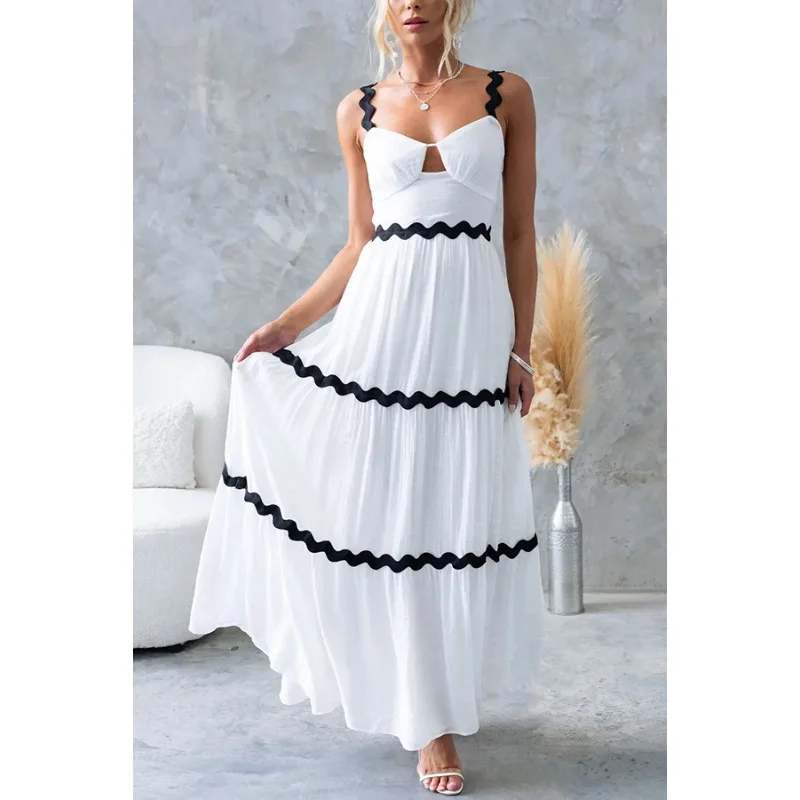 Abito estivo da donna bohémien per le vacanze Abito sexy da spiaggia con scollo a V e pieghe senza schienale scava fuori Boho Holiday Beach Maxi Dress