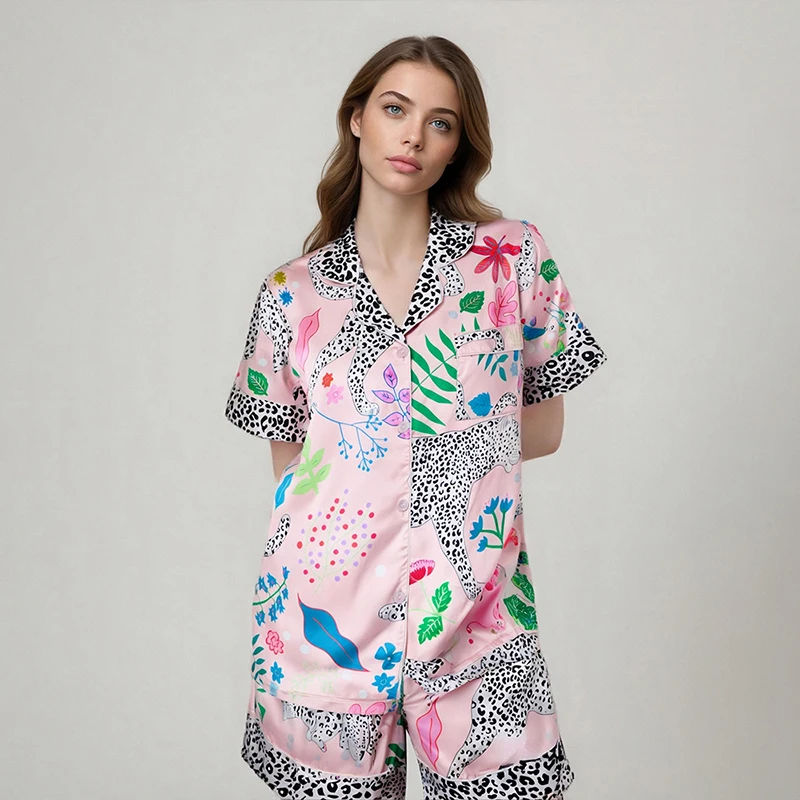 

2Pcs Woman Pyjamas Set Summer Fashion Comfortable Leopard Pink Loungewear Short Sleeve Lapel Button Shirts Elastic Waist Shorts