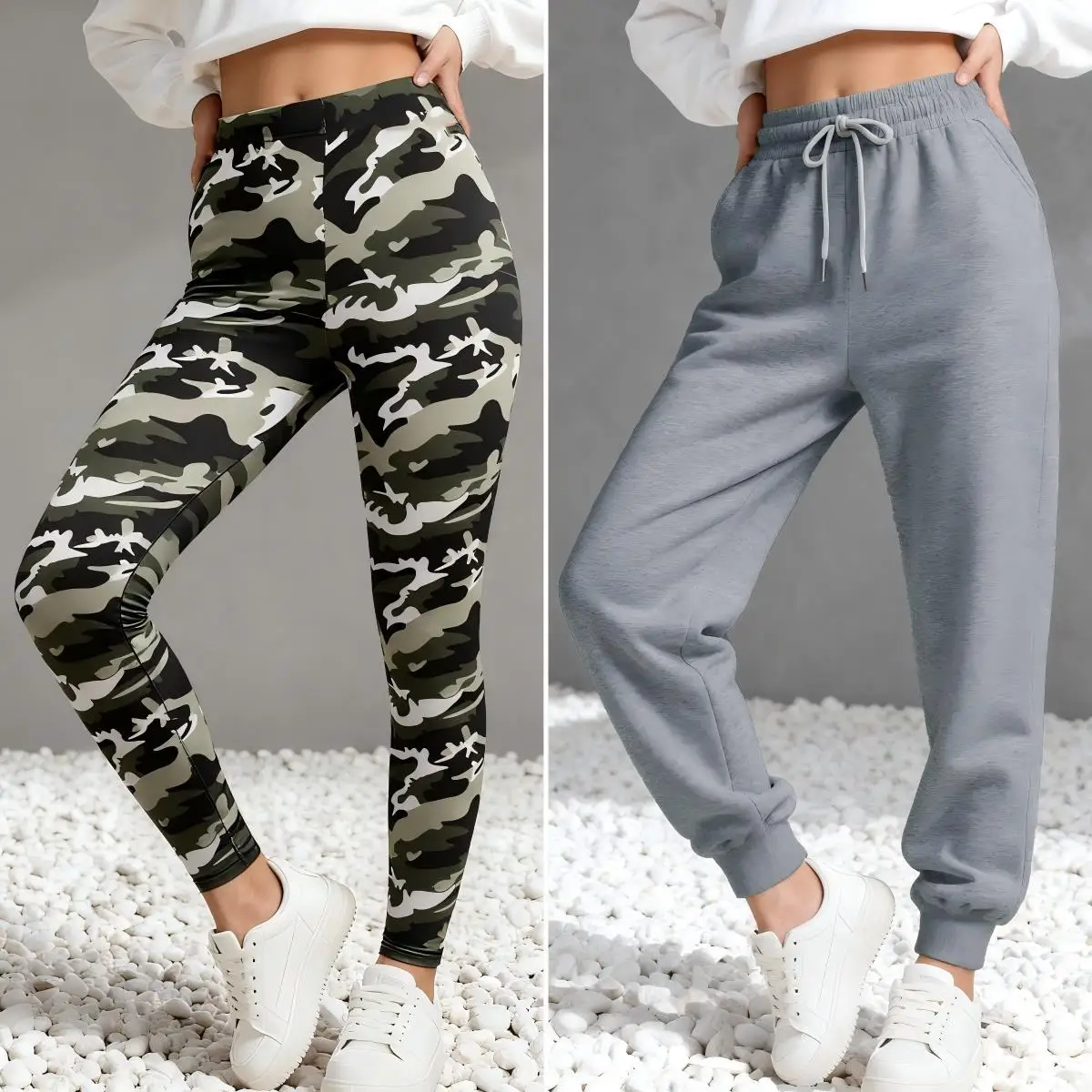 Conjuntos de 2 uds. De mallas gruesas de camuflaje para otoño, pantalones de chándal de Color sólido, ropa que combina con todo para mujer, pantalones para correr de lana Y2K para mujer