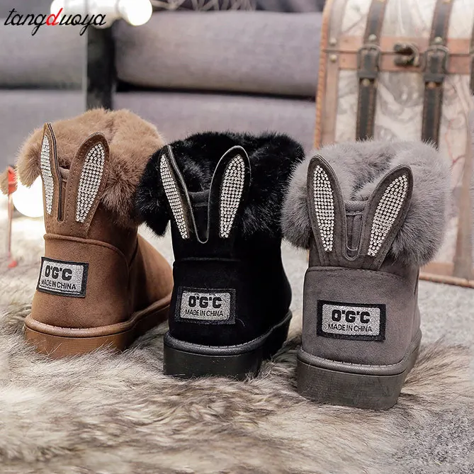 Women Boots Fox Fur Brand Winter Shoes Warm Snow Boots Black Round Toe Casual Female Slip-on Woolen Boot Sweet Flock flats