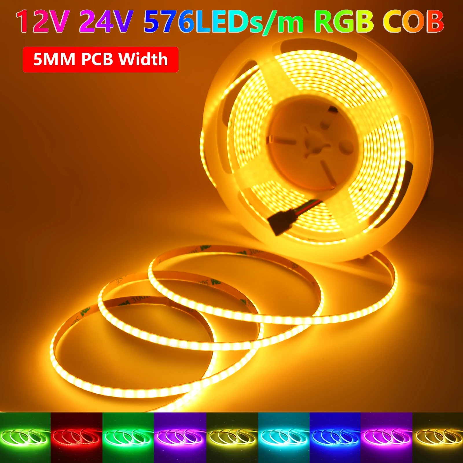DC 12V 24V RGB COB LED Strip 5mm PCB 576LEDs/m High Density RGB COB Tape Dotless Flexible Ribbon for Room Decor TV Backlight