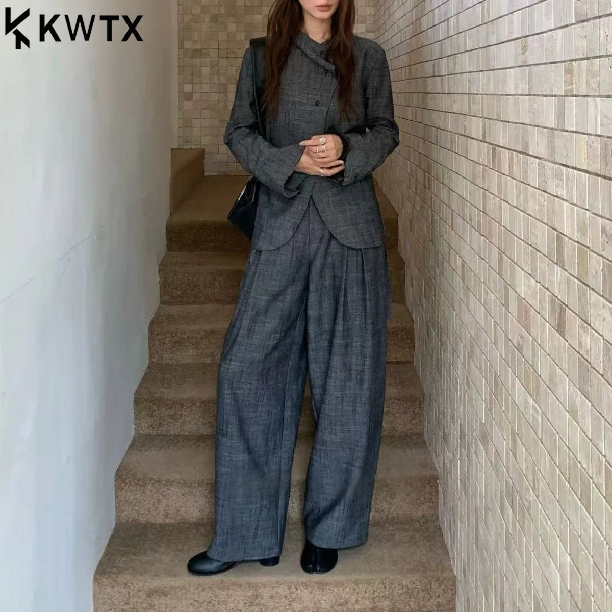 

KWTX женский повседневный комплект из 2 предметов, блейзер, плиссированные широкие брюки с воротником-стойкой, однотонный, шикарный, утягивающий, удобный, премиум-класса, весна-лето