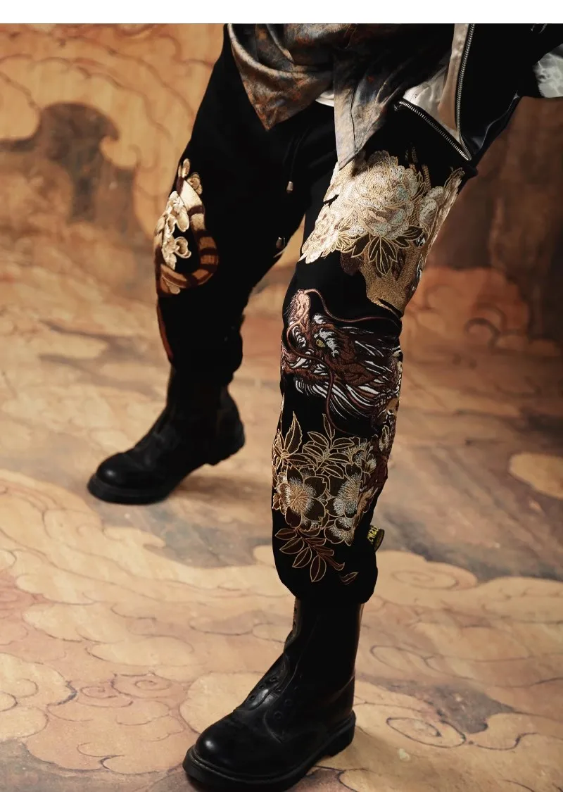 الفاوانيا النمر الرجال الفتيان حجم كبير العمل الثقيل التنين المطرزة السراويل كامل طول السراويل #2