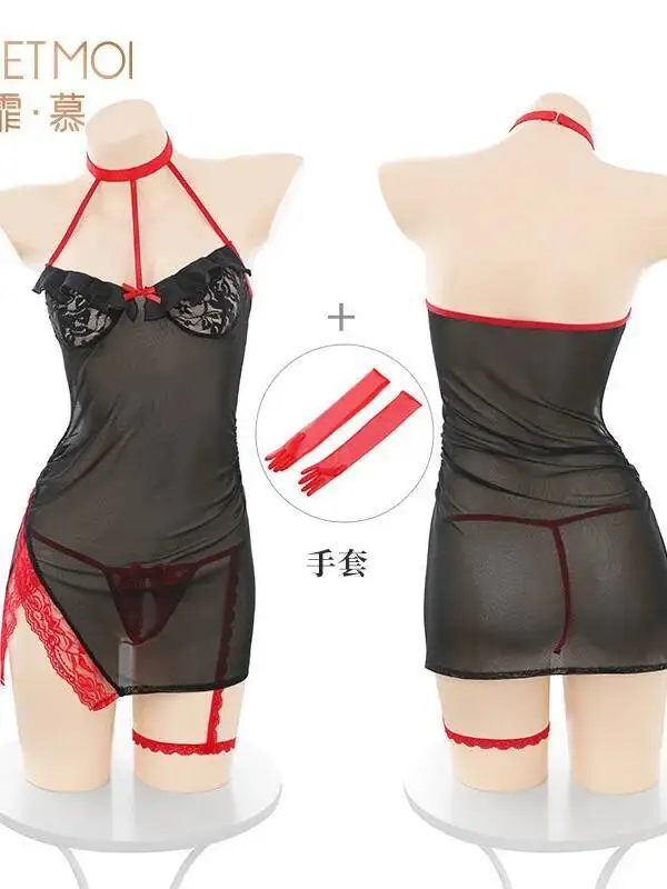 Vestido transparente de estilo puro deseo de medianoche, vestido Sexy de encaje dividido con cuello colgante, vestido transparente de malla sin espalda, vestido sin mangas Casaul 6KA0