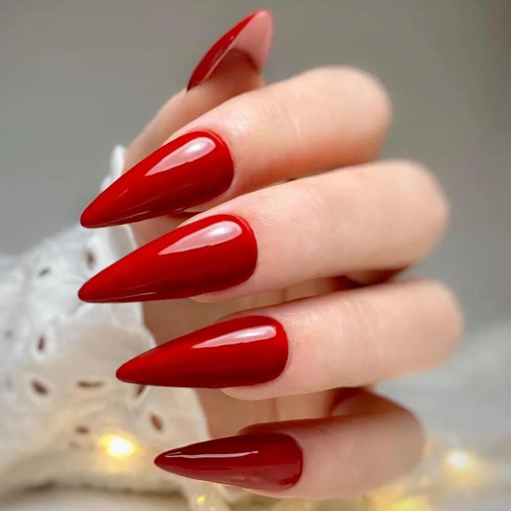 

Glossy Red Long Stiletto False Nails With Glue Artificial Press On Fake Nails DIY Manicure Finger Tips