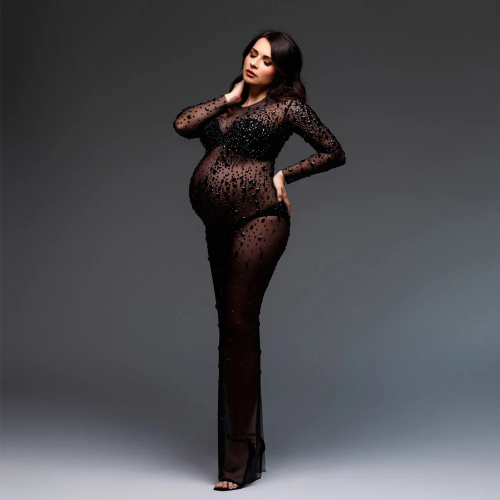 Elegante Mode Strass Schwangere Frauen Kleid Sexy Perspektive Elastische Mesh Slim Fit Kleid Fotografie Kleid Für Mutterschaft