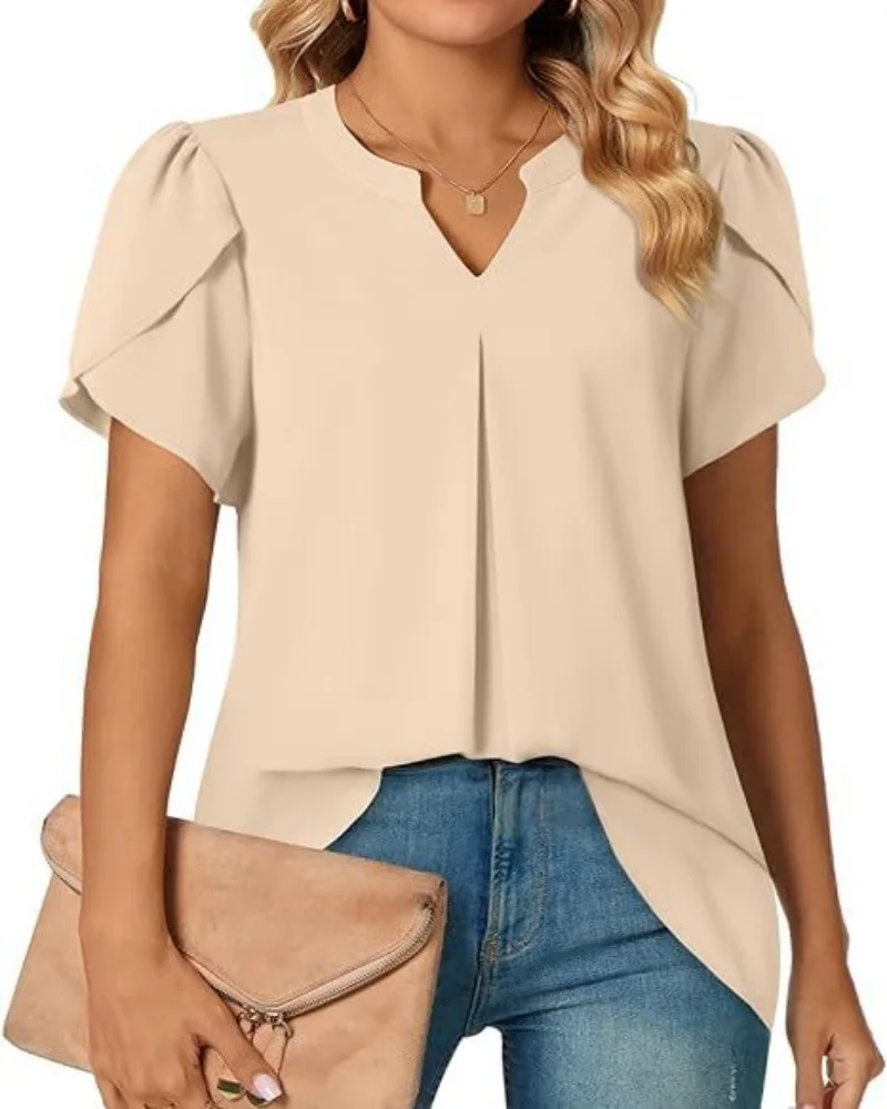 Blusa de Chifón de Manga Corta con Cuello en V y Mangas Abullonadas con Dobladillo Asimétrico para Mujer, Ideal para Uso Casual de Verano