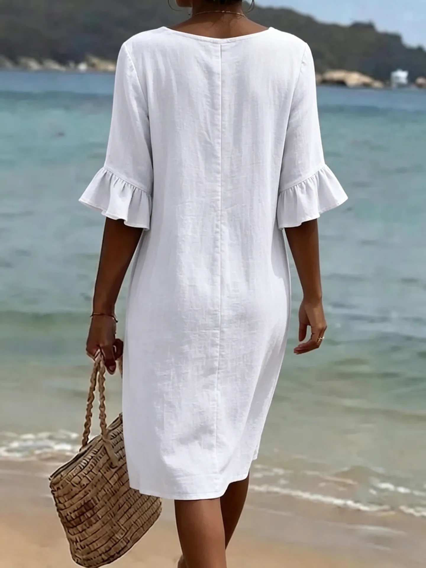 V-neck Button Solid Color Casual New Beach Vacation Style Versatile Dress For Women's A-line Lace Short Sleeved Patchwork Skirt