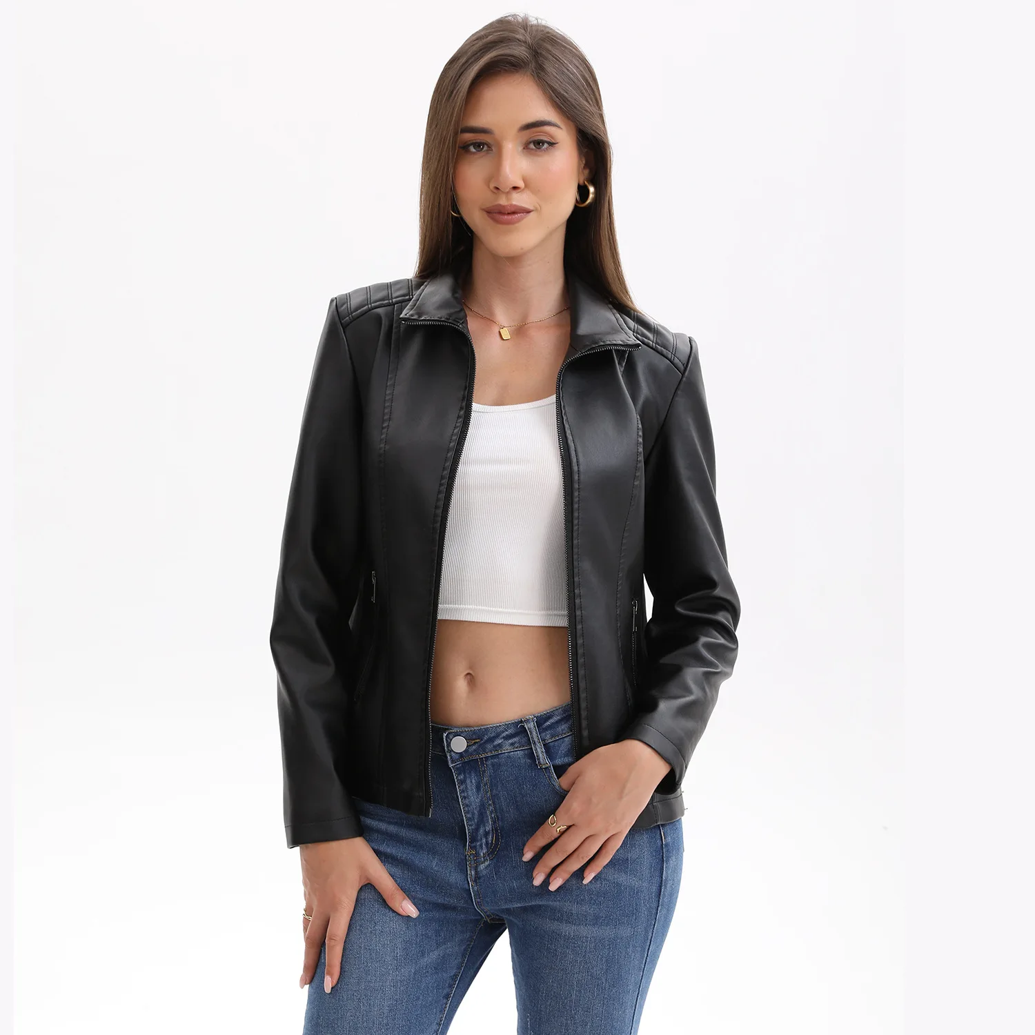 

New in 2026 Fashion Women's Pu Leather Jacket Ladies Autumn Winter Solid Color Zipper Black Coats