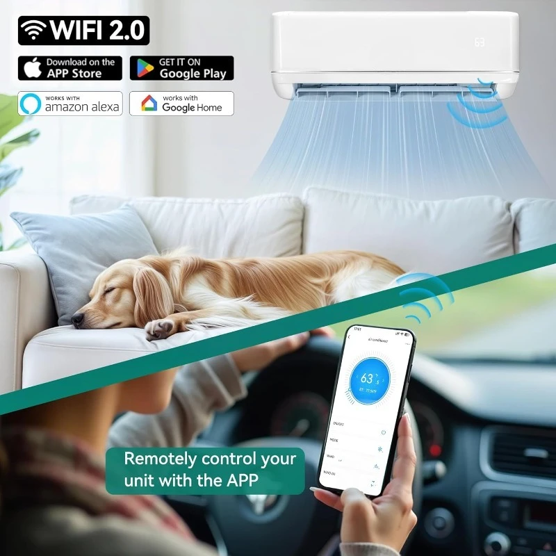 Home.12000 BTU Mini sistema de bomba de calor de ar condicionado dividido, 21 SEER2 208-230V Sistema inversor sem dutos com Wi-Fi e Ale