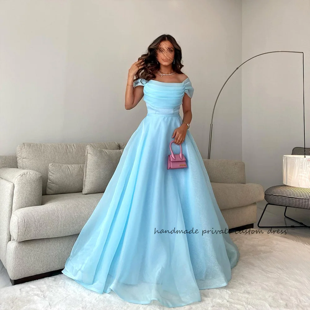 

Sky Blue Organza A Line Evening Dresses Off Shoulder Scoop Saudi Arabic Prom Party Gowns Dubai Celebrate Event Dress