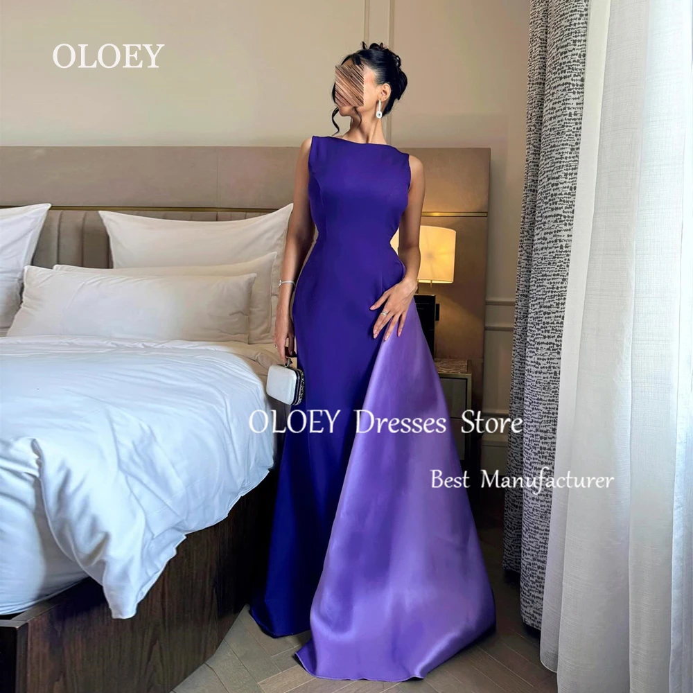 

OLOEY Modest Purple Straight Evening Dress Pleats Satin Sleeveless Wedding Party Dress Boat Neck Custom Made Women Prom Gown