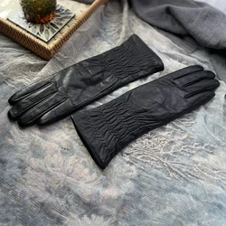 GOURS Winter Real Leather Gloves Women Black Genuine Goatskin Long Gloves Fleece Lined Warm Soft Fashion Driving New GSL020