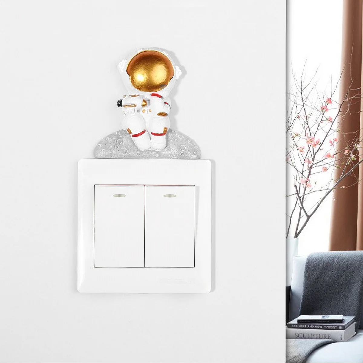 

2Pcs 3D Resin Astronaut Switch Sticker Creative Moon Thinking Waving Decor for Home Bedroom Kitchen Bathroom Study Kid's Room