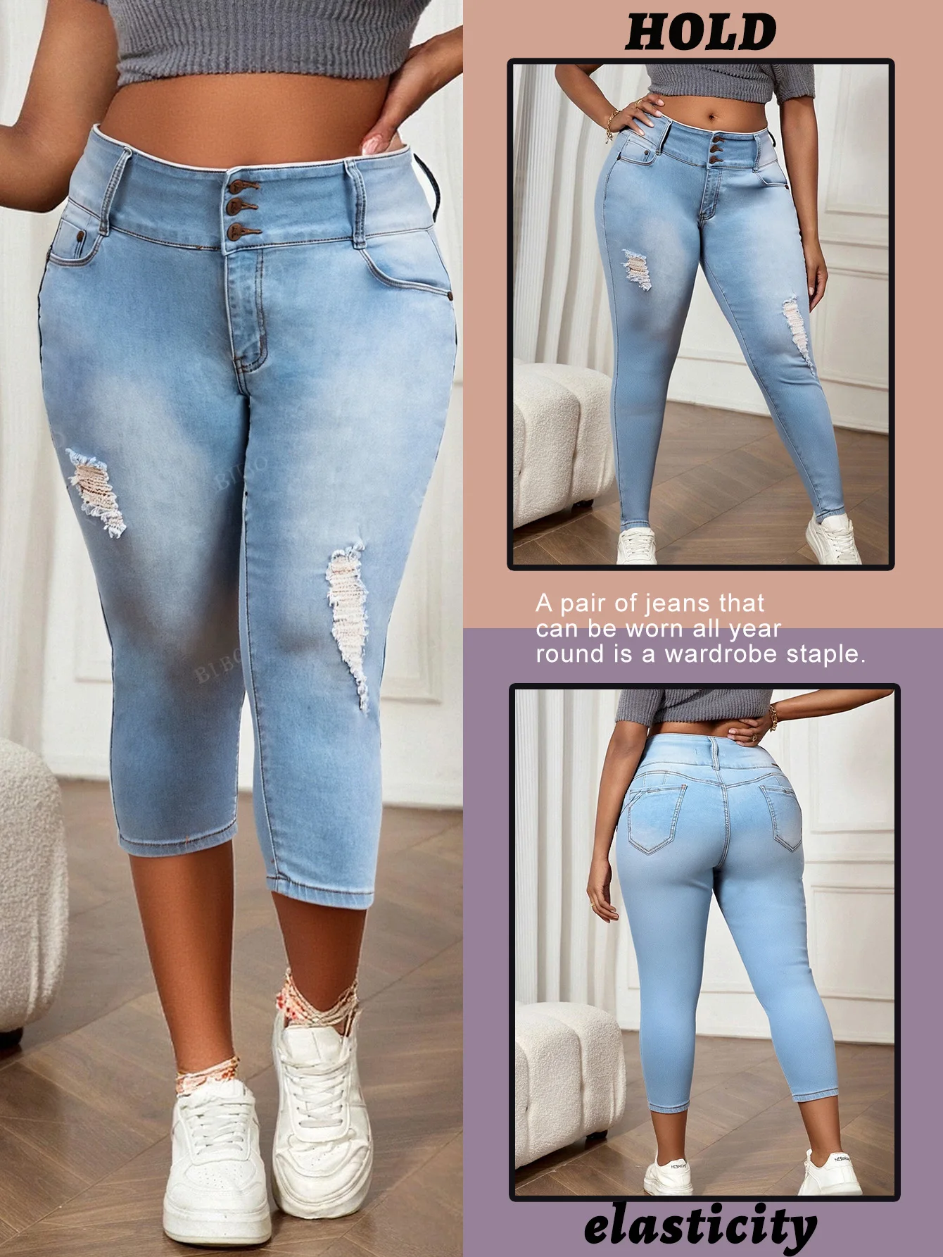 Plus-Size Women's Classic Washed Light Blue Jeans – Comfortable Stretch Fabric, Skin-Hugging & Shape-Retaining