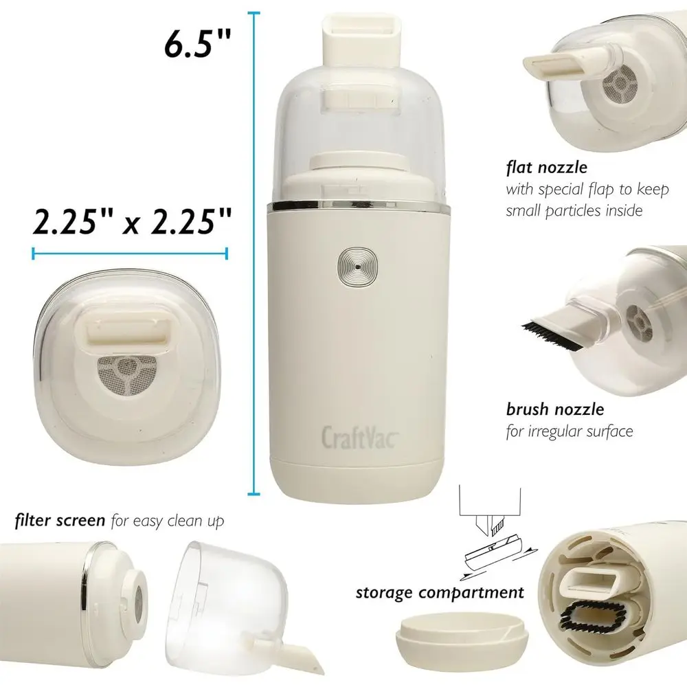 Rechargeable Mini Vacuum - Basic Elements - Quiet 1 Button Operation - 2 Suction Levels - 2 Nozzle Attachments - Great for Beads