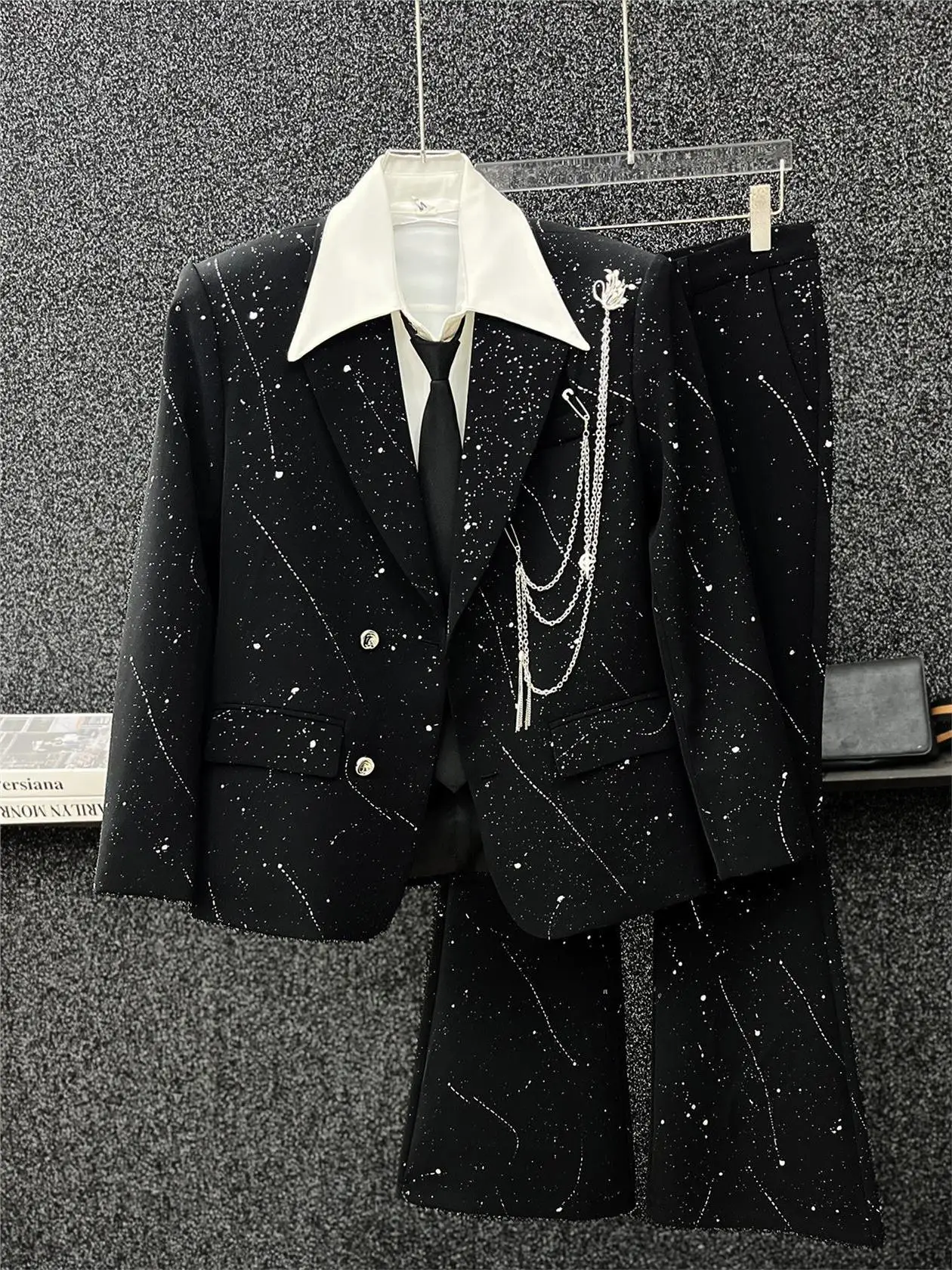  Gold Stamp Men's Suit Set Loose Metal Chain Western Jacket Club Fashion Stage Costume Autumn Regular Thickness
