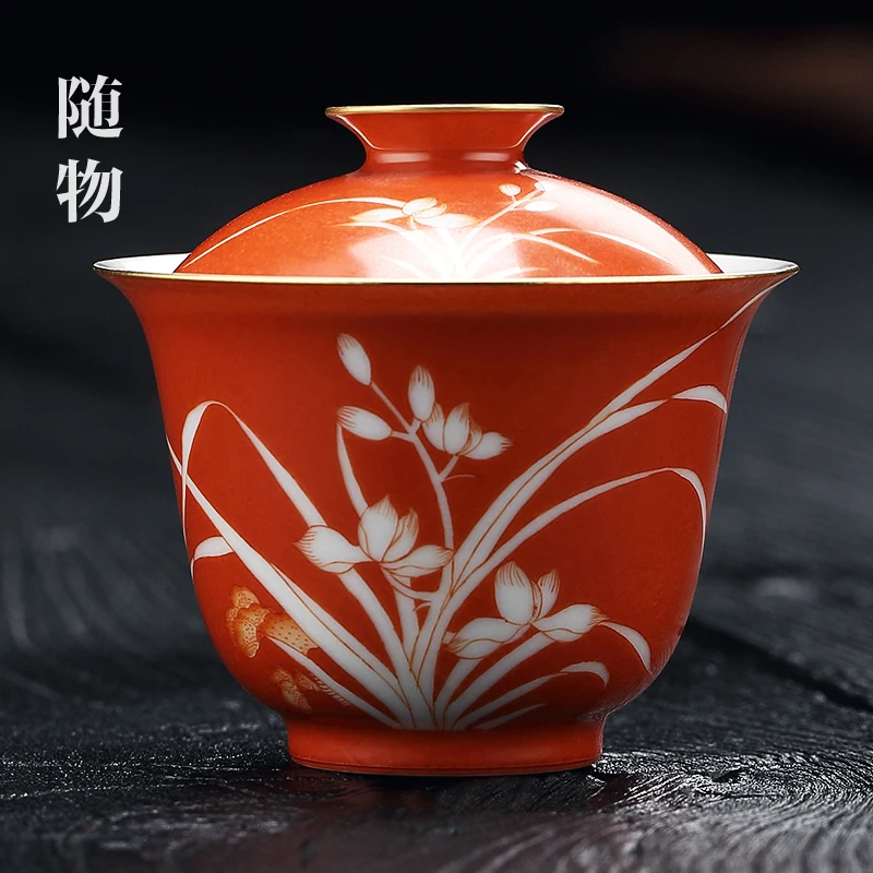 

Yunyou Alum Red Covered HigH-end Jingdezhen Making Bowl, CeramiC Set, Sancai Pure Handmade Tea Cup, Small Size,