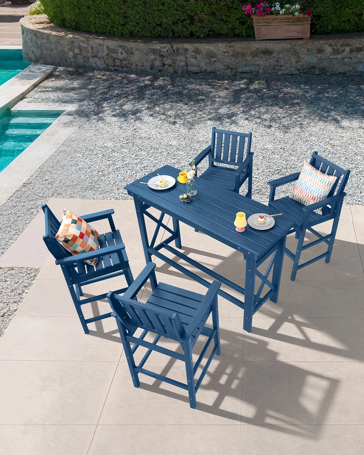 

Commercial Grade 5pc Recycled HDPE Patio Table Set Rectangular Dining Table Drainage Footrest Stools for Outdoor Hotel School