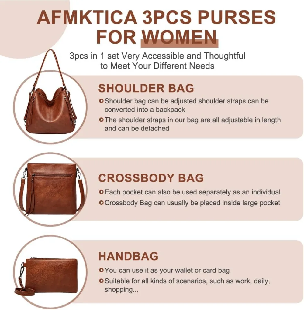 PU Leather Purses 3PCS, Hobo Crossbody Bags Set for Women, 3 in 1 Convertible Backpack for Ladies Shoulder Bags Satchel Bags