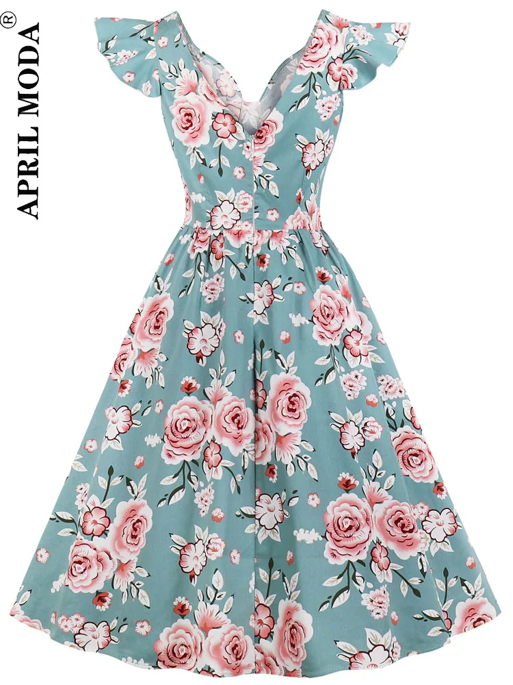 50s Flare Sleeve Cotton Vintage Pleated Dress Elegant Floral Print Retro High Waist Women Summer Flare Swing Pinup Tunic Dresses