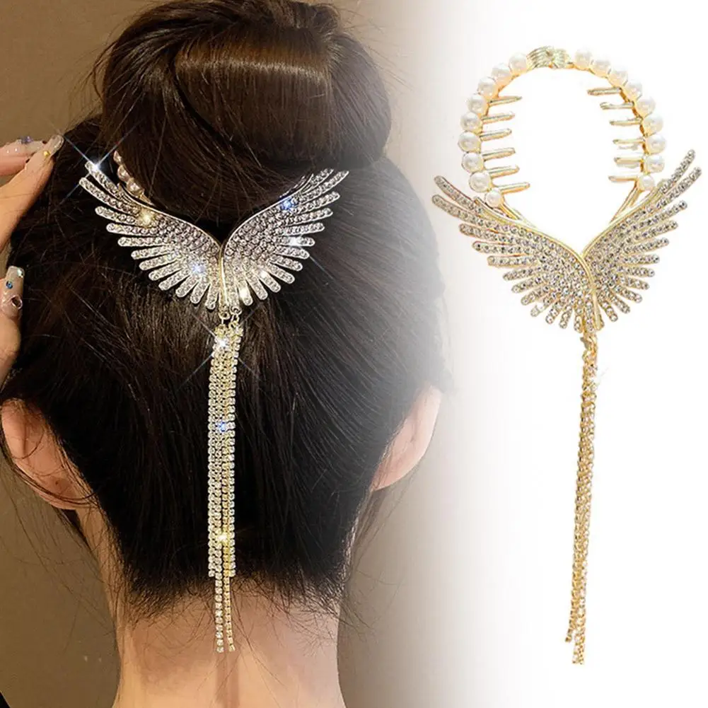 Angel Wings Rhinestone Hairpin Shape Pearl Tassel Claw Hair Shiny Curler Accessories High Ponytail New Clip Creative R9N3