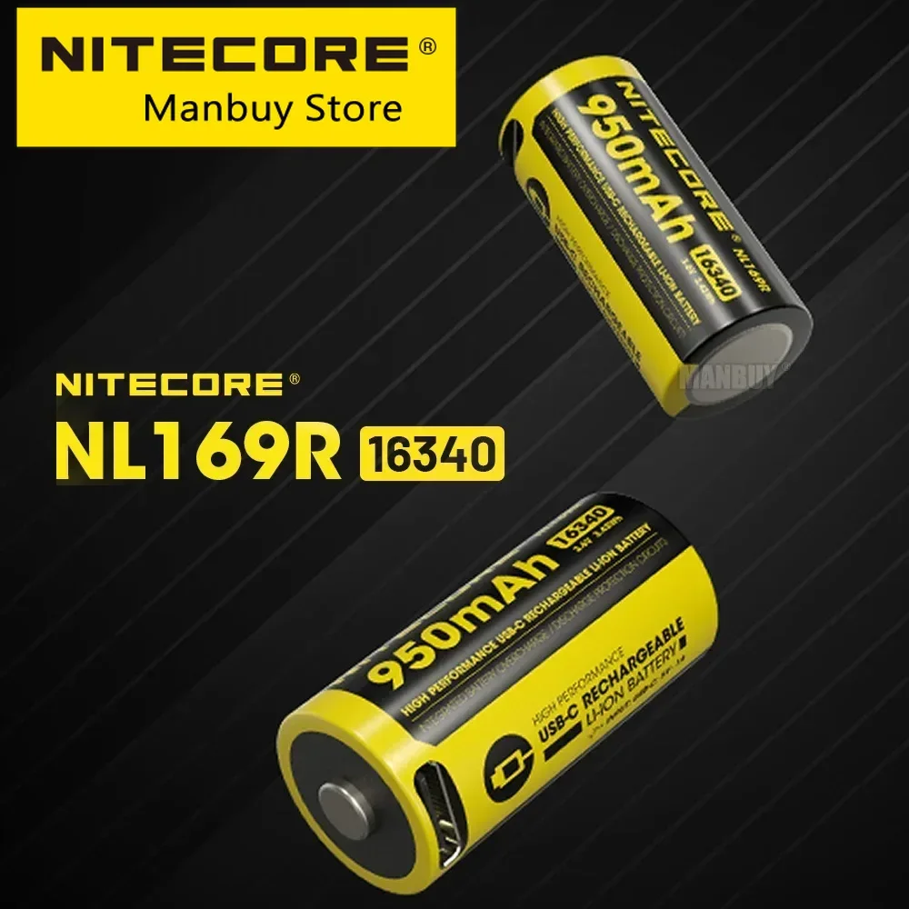 Discount NITECORE NL169R 950mAh 3.6V 3.42Wh 16340 USB-C Charging Port Rechargeable Li-ion Battery x2 Pieces with Free Flashlight