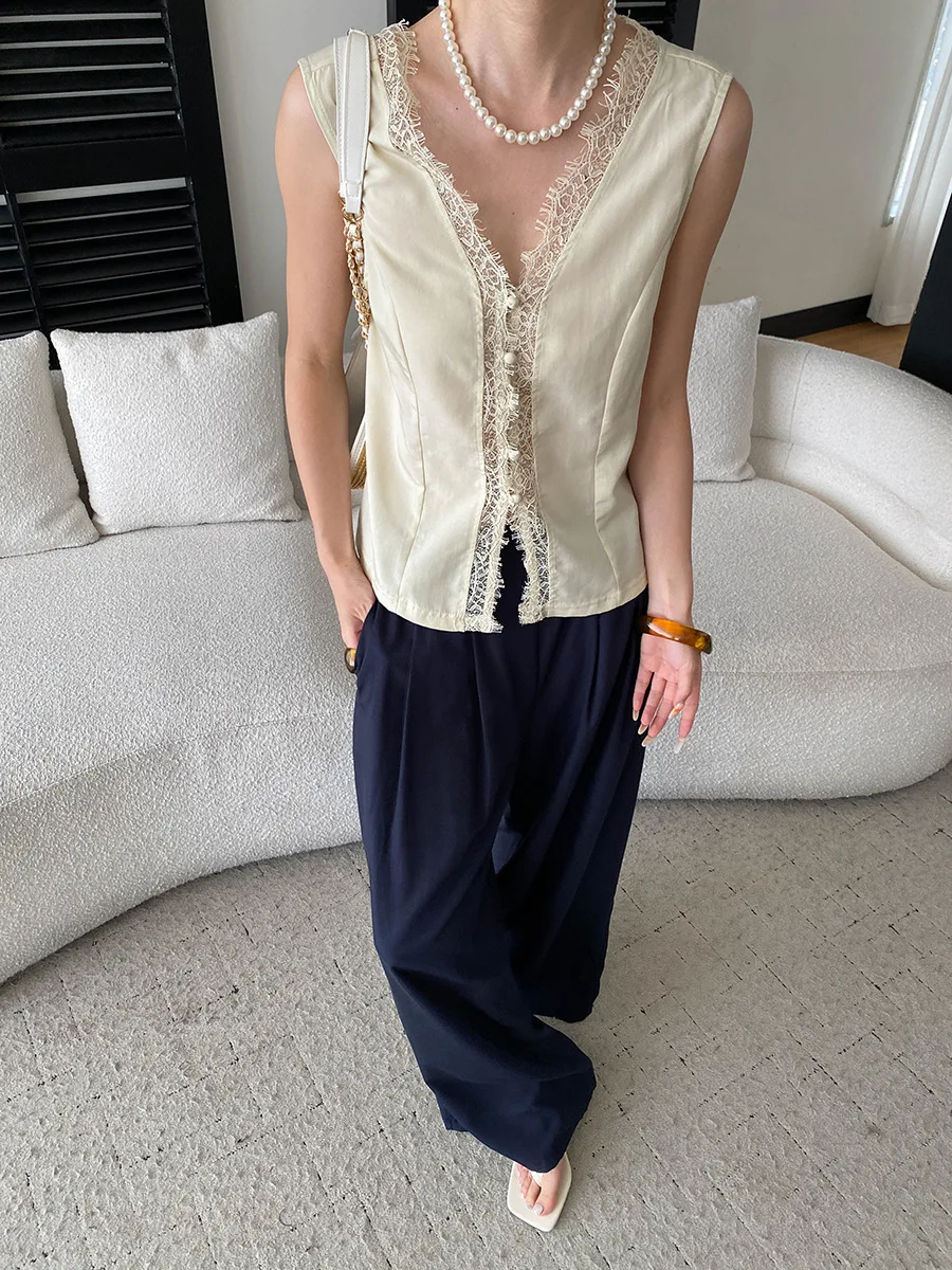 Sommerliche Damen-Freizeithose in Uni-Farbe, halb elastisch, hoher Bund, locker geschnitten, weites Bein – Detail 8