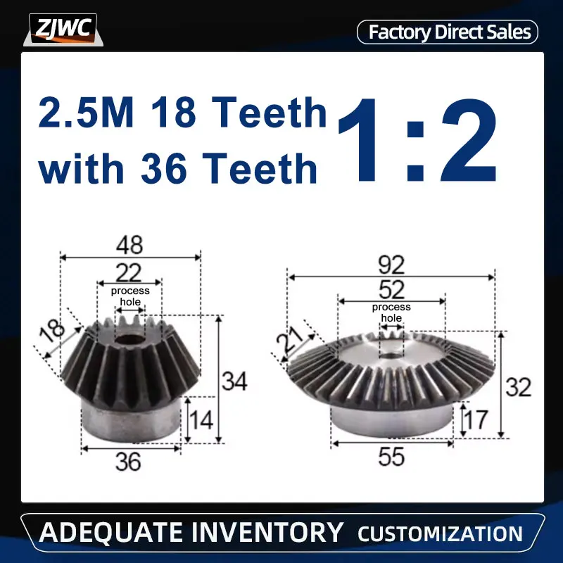 1 Set 1:2 Bevel Gear 2.5 Modulus 18Teeth + 36Teeth 90 Degree Drive Commutation Steel Gears Steel Gears