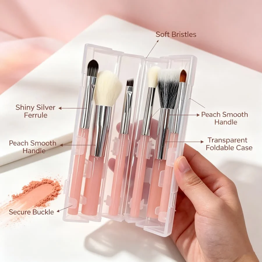 6-piece portable makeup brush set with soft bristles that won't irritate the skin, comes with a transparent storage case.