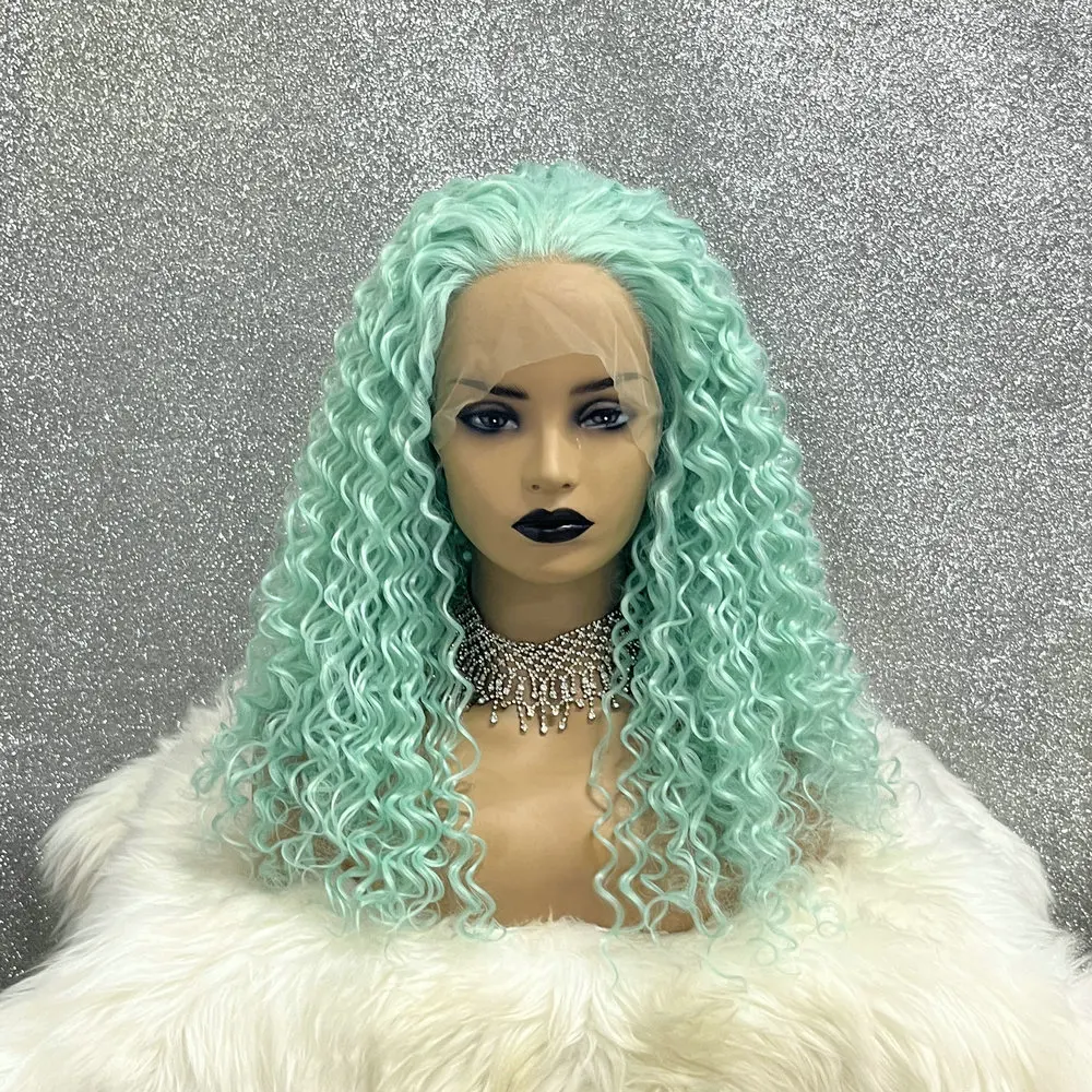 

Drag Queen Synthetic Transparent Lace Front Wig Light Blue Color Lace Wig Afro Kinky Curly Drag Queen Cosplay Wigs For Women