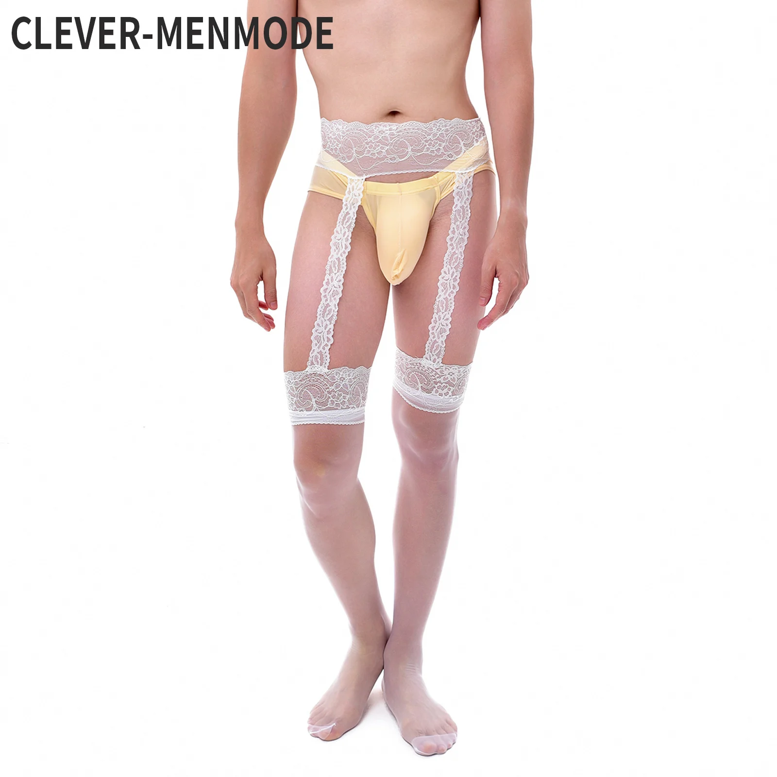 CLEVER-MENMODE Sexy Stockings Men\'s Mesh Sheer Lace Suspender Pantyhose Transparent Underwear Open Crotch Nightwear