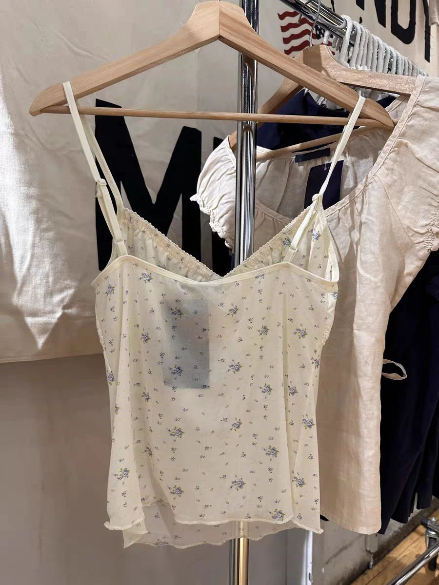 الأزرق الأزهار شبكة شفافة تانك القمم المرأة الدانتيل تقليم الرباط الخامس الرقبة بروتيل الصيف نمط Preppy الحلو مثير المحاصيل القمم Y2k #5