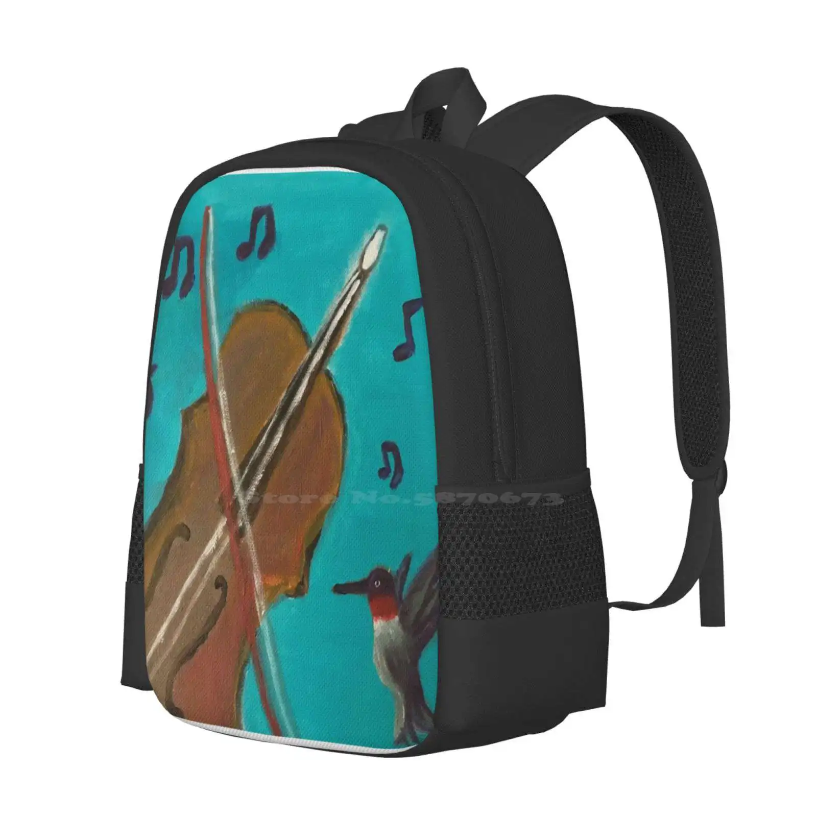 Hummingbird Violin Pattern Design Bagpack School Bags Hummingbird Violin Music Note Instrument Orchestra Class Blue Cyan Listen