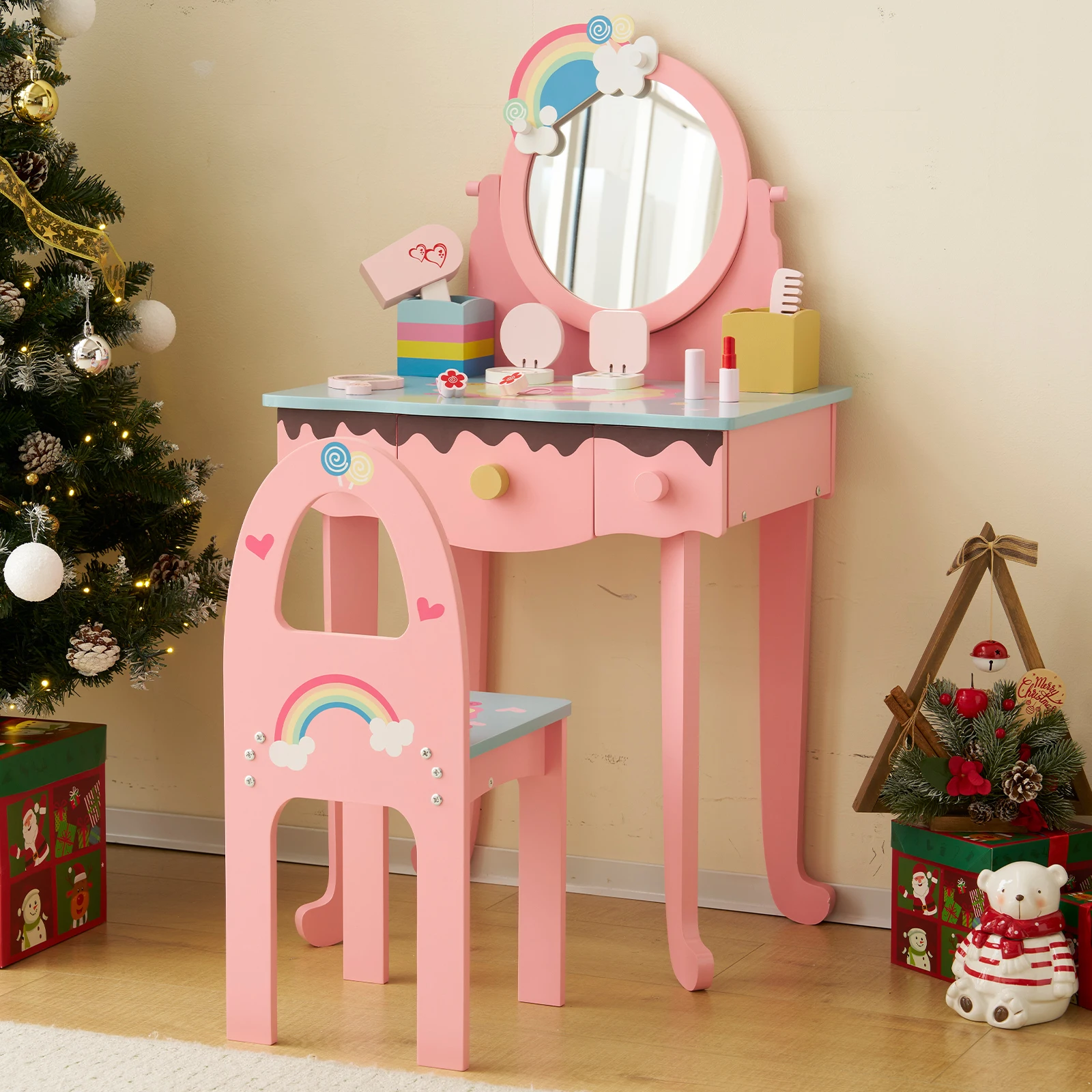 Kids Vanity Table and Chair Set with 7pcs Pretend Play Makeup Toys, Girls Vanity with Mirror 3 Drawers