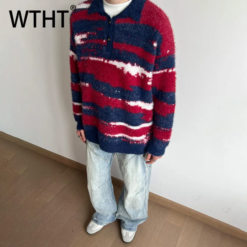 

WTHT модные мужские полосатые контрастные цветные вязаные футболки модный пуловер с отложным воротником и длинными рукавами мужской осень 2021, 2A2261