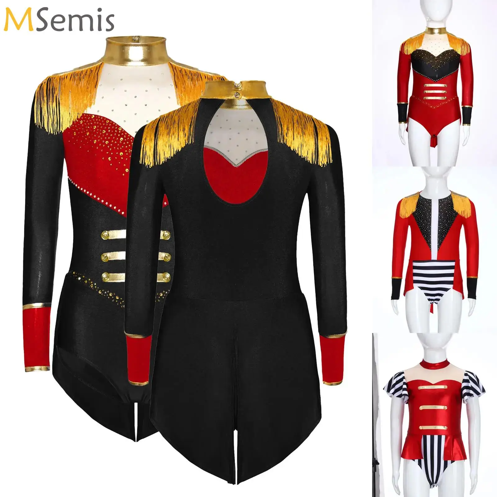 

Circus Ringmaster Leotard Kids Rhinestones Patchwork Epaulets Tassels Jumpsuit for Fancy Dress Up Parties Carnival Halloween