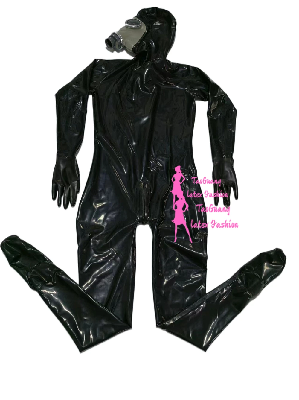 Black Full Cover Latex Catsuit Fetish Bodysuits Attach Gas Mask with Zipper