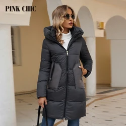 PINK  CHIC 2023 Winter Coat Women Down Jackets Casual Warm Fur Collar Hooded Stitching Long Women's Zippered Parkas Female 8267