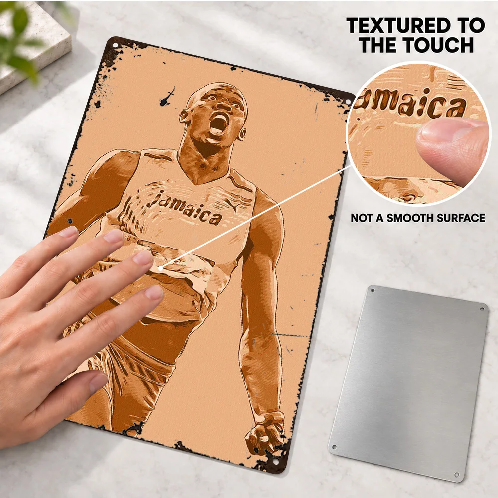 Usain Bolt Sprinter Textured Metal Poster Customized Aluminum Sign Roaring Sepia Stencil Illustration Wall Art For Training Room