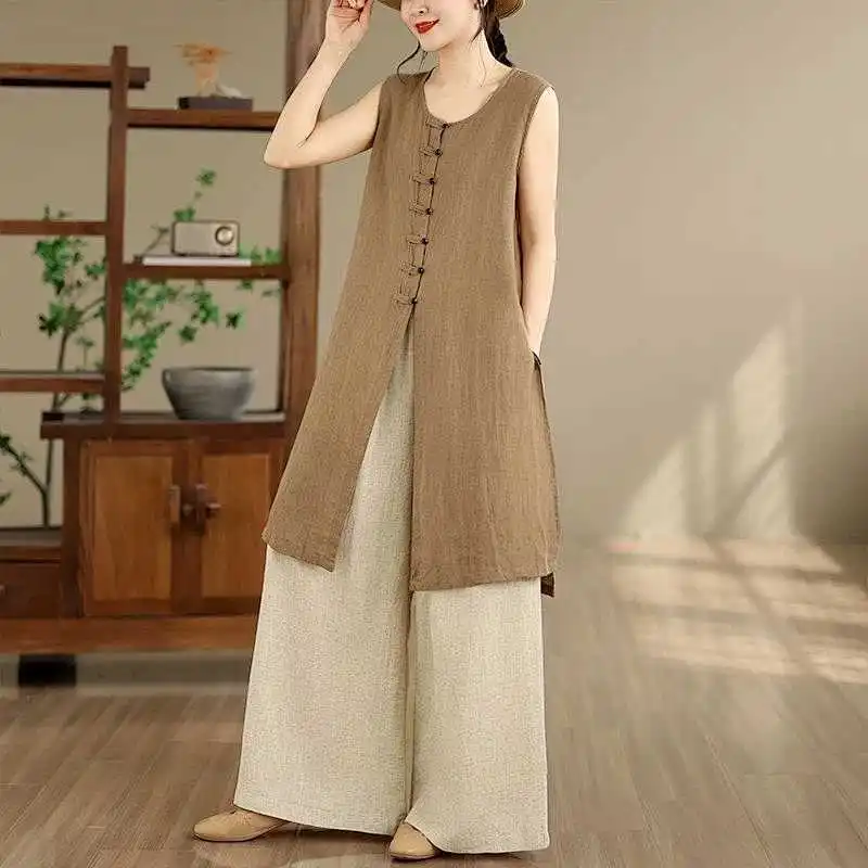 Women Sleeveless Loose Long Tunic Top with Button Front Closure Boho Style Linen Look Casual Shirt Summer