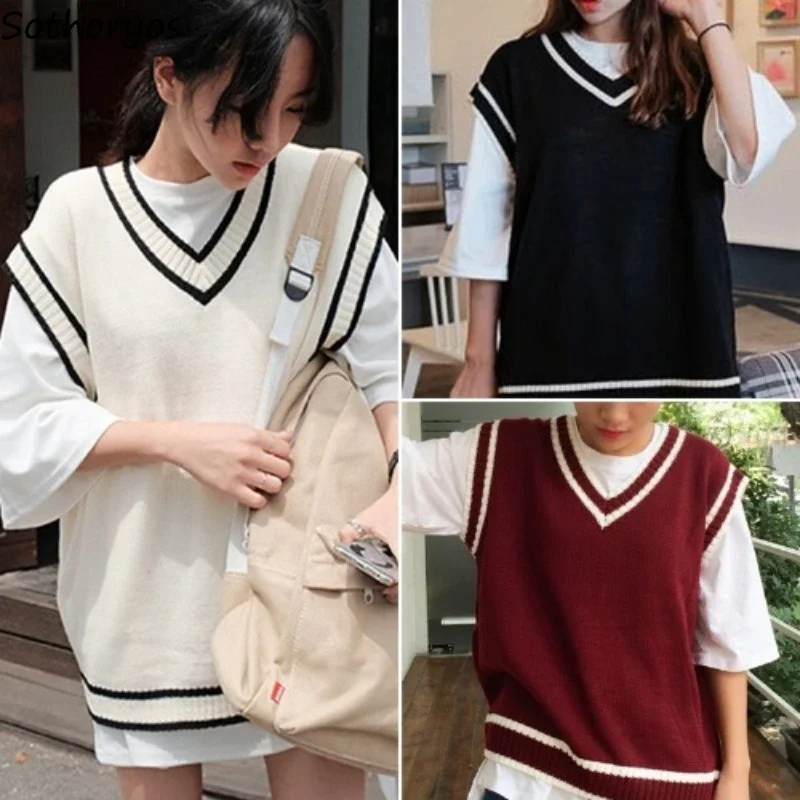 

Vest Women Solid V-Neck Daily Knitted Stylish Students Korean Style Sleeveless Outwear Female Coats All-match Leisure Ulzzang