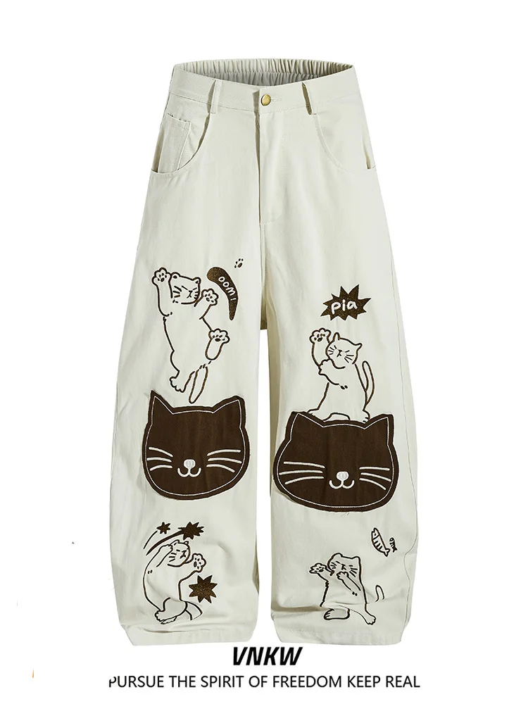 

Американские ретро-брюки с мультяшной вышивкой, широкие рабочие брюки свободного кроя для мужчин и женщин, повседневные длинные брюки с эластичным поясом