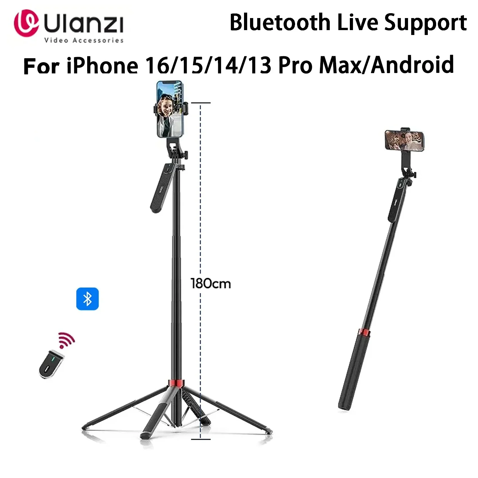 

Original Ulanzi MA09 1.8m Selfie Stick Tripod Suitable For IPhone 16 15 14 13 Pro Max Android With Remote Panoramic Ball Head