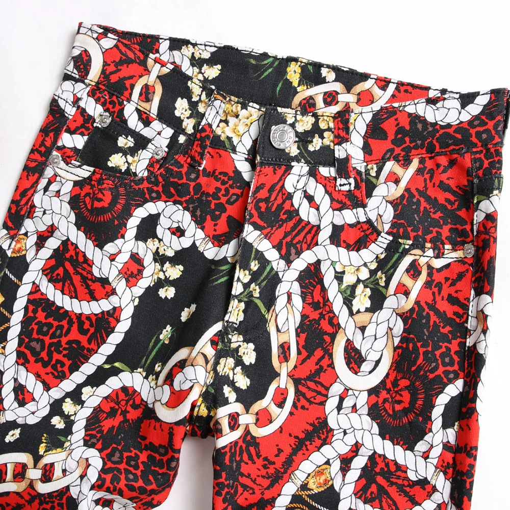 Men Chain Flower Leopard Print Jeans Fashion Digital Painted Stretch Cotton Denim Pants Slim Tapered Trousers